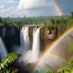**Prompt 1:** A breathtaking, wide-angle panoramic view of the colossal Inga Falls in the Democratic Republic of Congo, showcasing its immense 15km width. Powerful water cascades over ancient rock formations, creating a vast cloud of mist. Sunlight refracts through the spray, painting vibrant rainbows across the scene. Lush, untouched tropical vegetation frames the falls, emphasizing the raw, awe-inspiring power of nature.