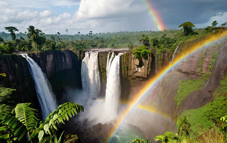 **Prompt 1:** A breathtaking, wide-angle panoramic view of the colossal Inga Falls in the Democratic Republic of Congo, showcasing its immense 15km width. Powerful water cascades over ancient rock formations, creating a vast cloud of mist. Sunlight refracts through the spray, painting vibrant rainbows across the scene. Lush, untouched tropical vegetation frames the falls, emphasizing the raw, awe-inspiring power of nature.