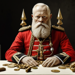 King Leopold II depicted as a devilish figure looming over the Congo, symbolizing greed and exploitation, with ivory and rubber in the background representing the plundered resources.