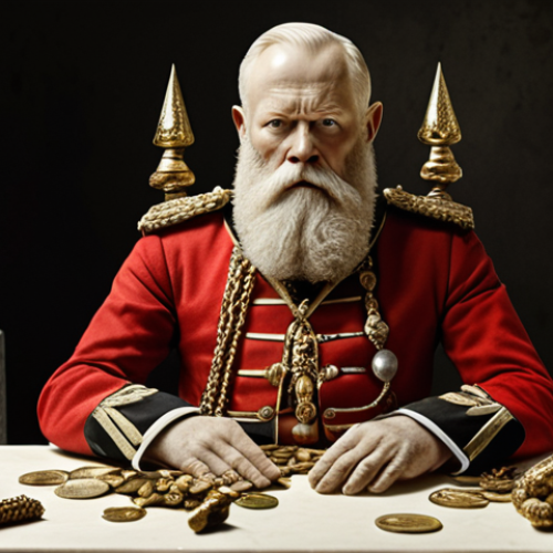 Home 8 King Leopold II depicted as a devilish figure looming over the Congo, symbolizing greed and exploitation, with ivory and rubber in the background representing the plundered resources.