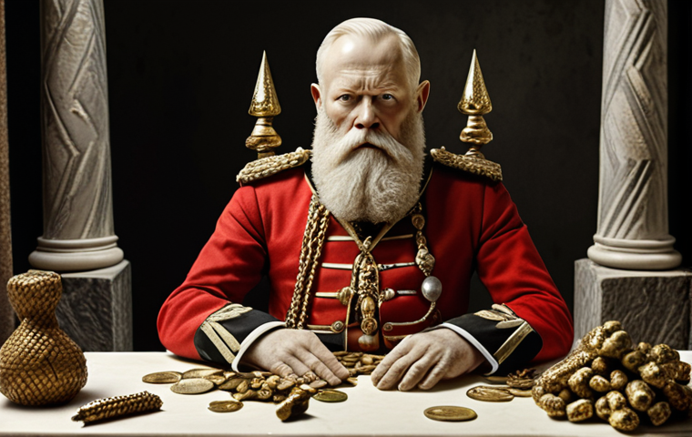 King Leopold II depicted as a devilish figure looming over the Congo, symbolizing greed and exploitation, with ivory and rubber in the background representing the plundered resources.